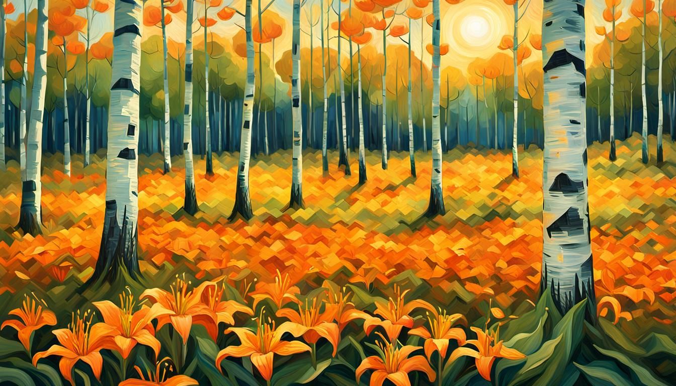 Vibrant Abstract Landscape with Tiger Lilies, Impasto Style