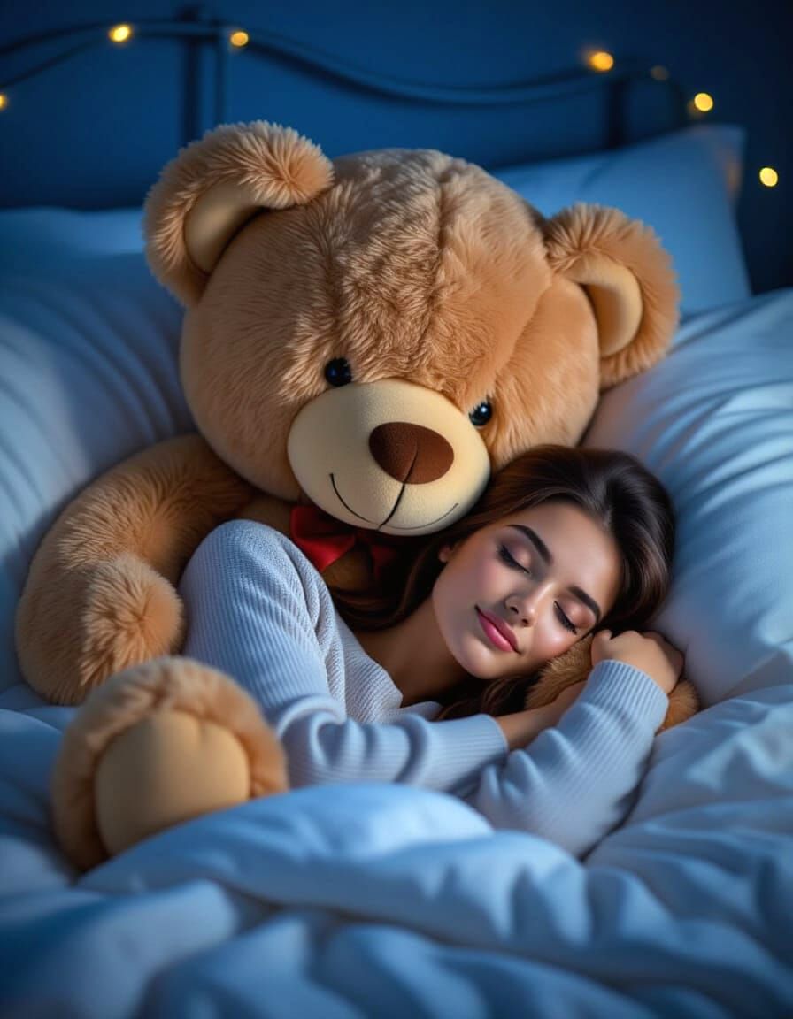 Sleeping Woman with Teddy Bear: Ultra-Realism Photo