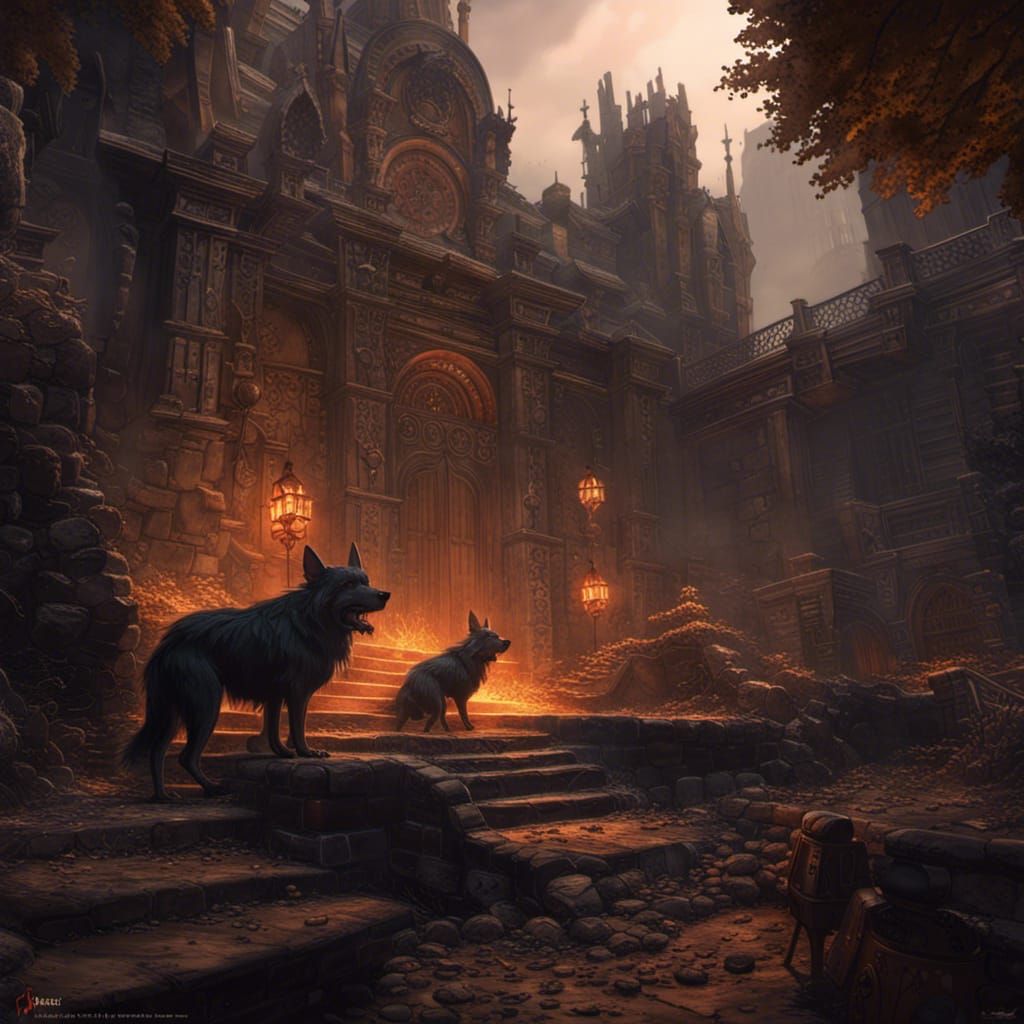 Three-Headed Dog at Hell's Gate: Dark Fantasy Art