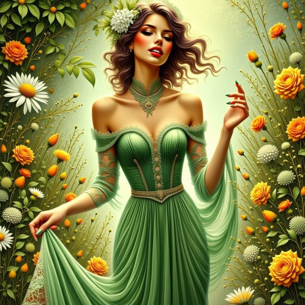 Elegant Woman in Garden, Hyperrealistic Art Nouveau Style