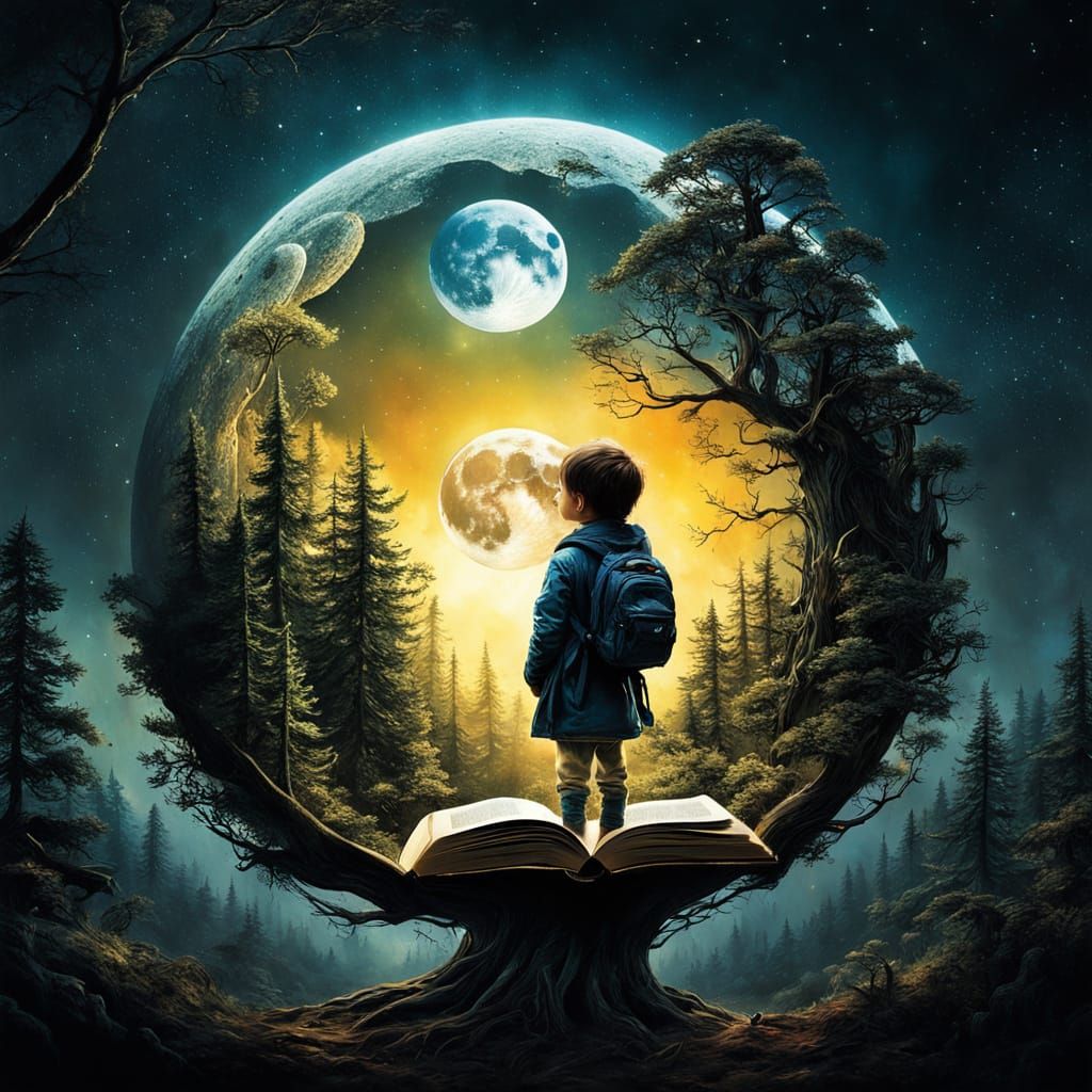 Surreal Moon Forest Book in Double Exposure Style