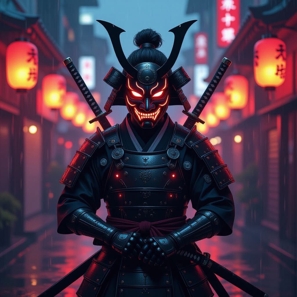 Anime Cyberpunk Samurai With Glowing Oni Mask And Katana