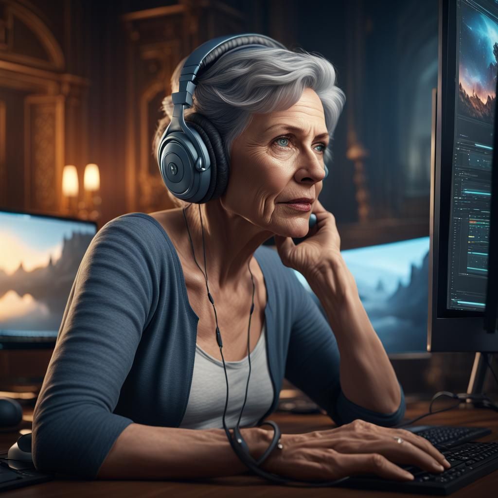 Realistic Woman at Computer: Detailed Matte Painting