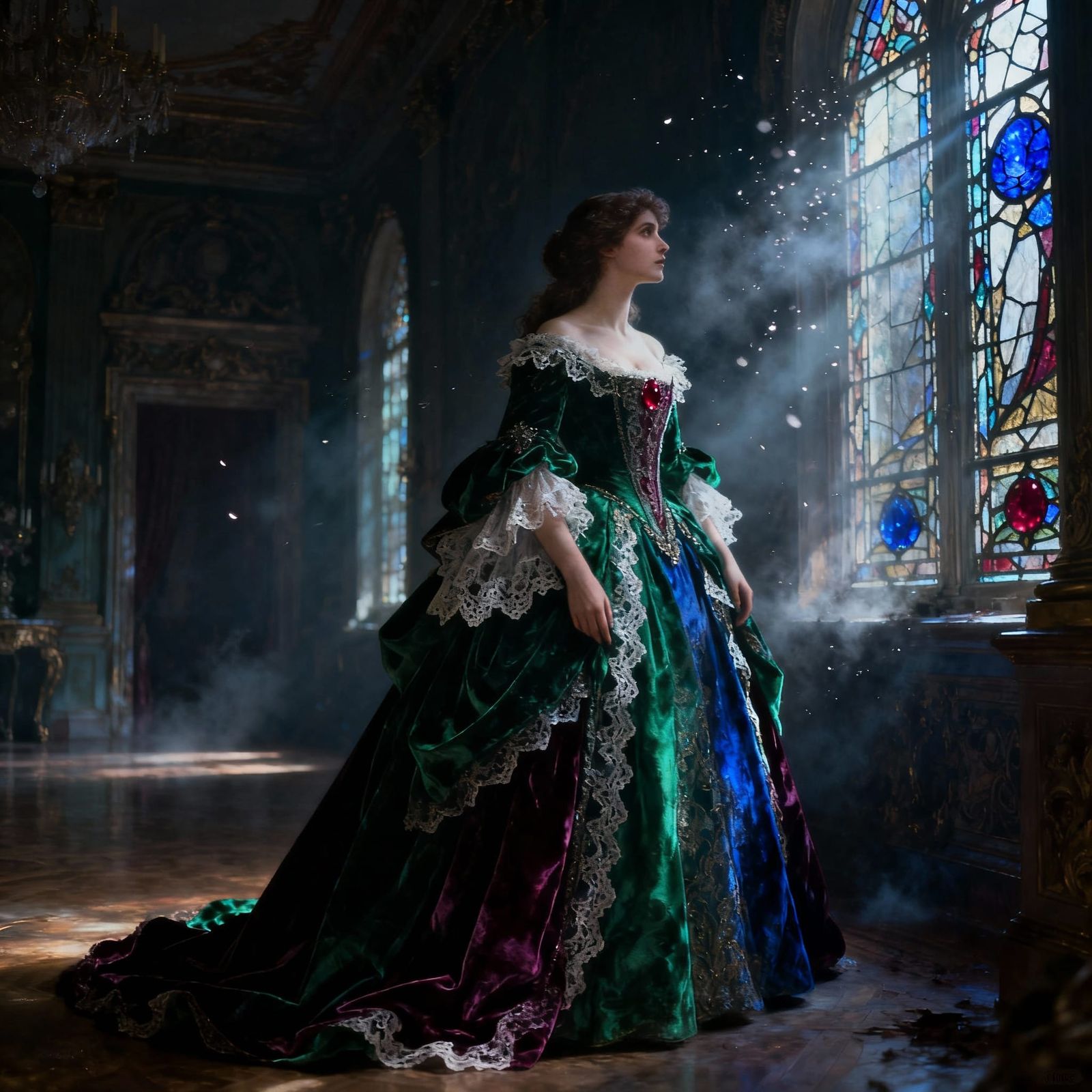 Noblewoman in Opulent Gown in Baroque Ballroom
