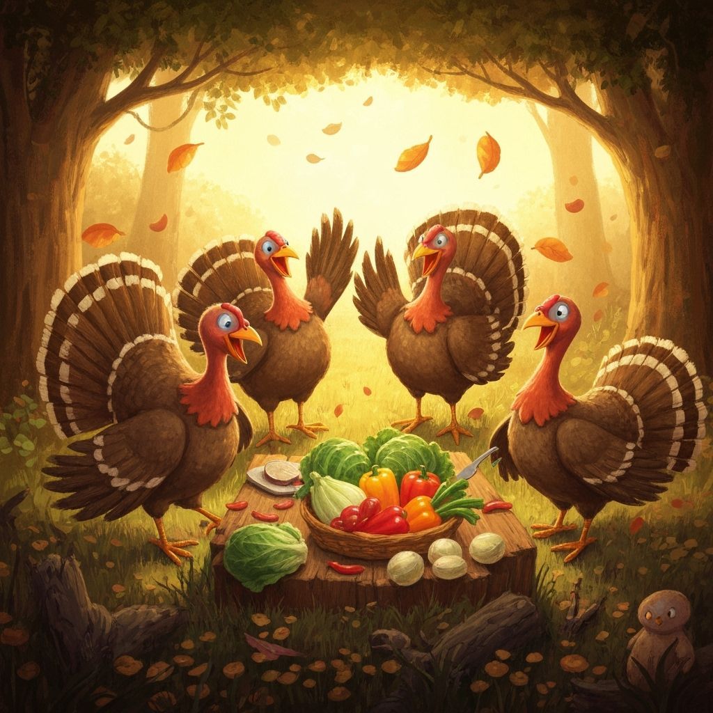 Turkeys Feast in Whimsical Woodland Celebration