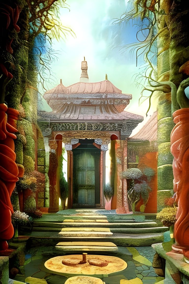 Ornate Feng Shui Courtyard in Detailed Matte Painting