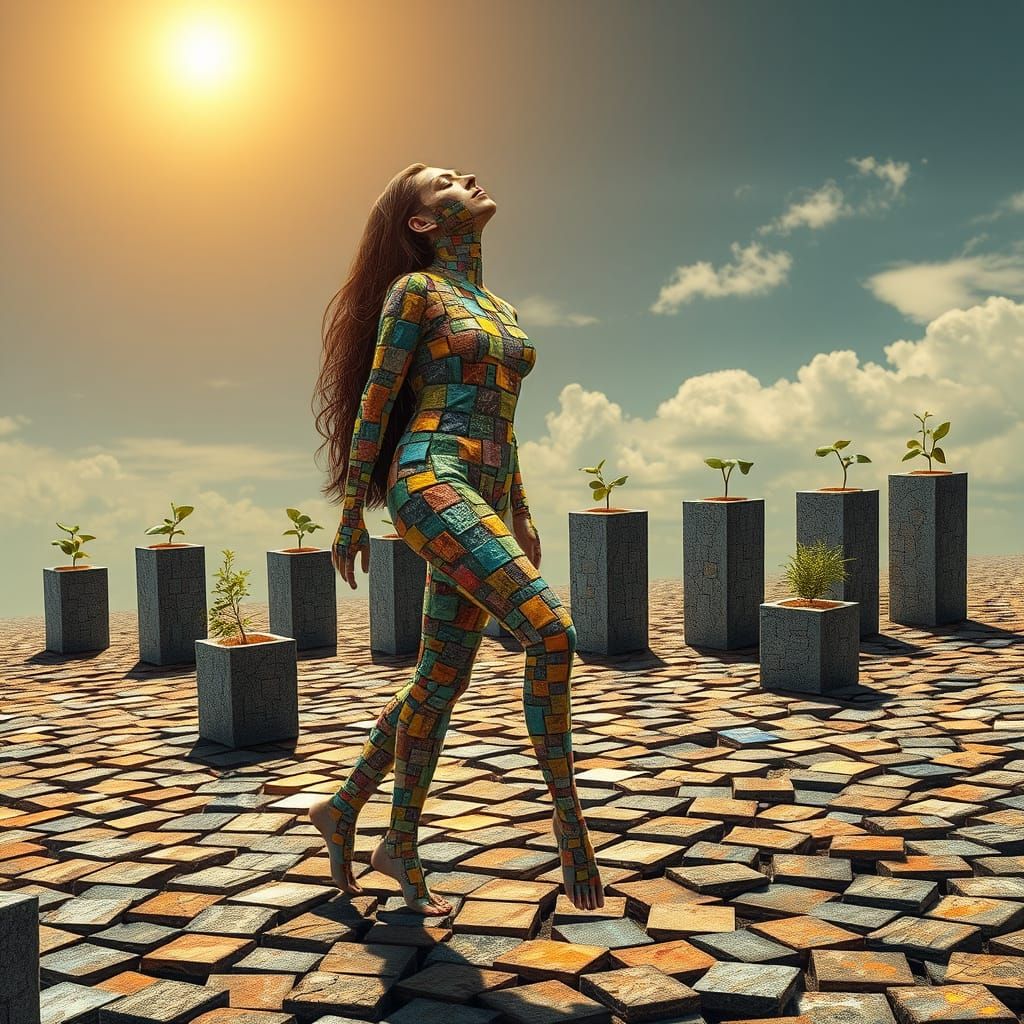 Vibrant Geometric Woman Embodies Organic Ease in Squares