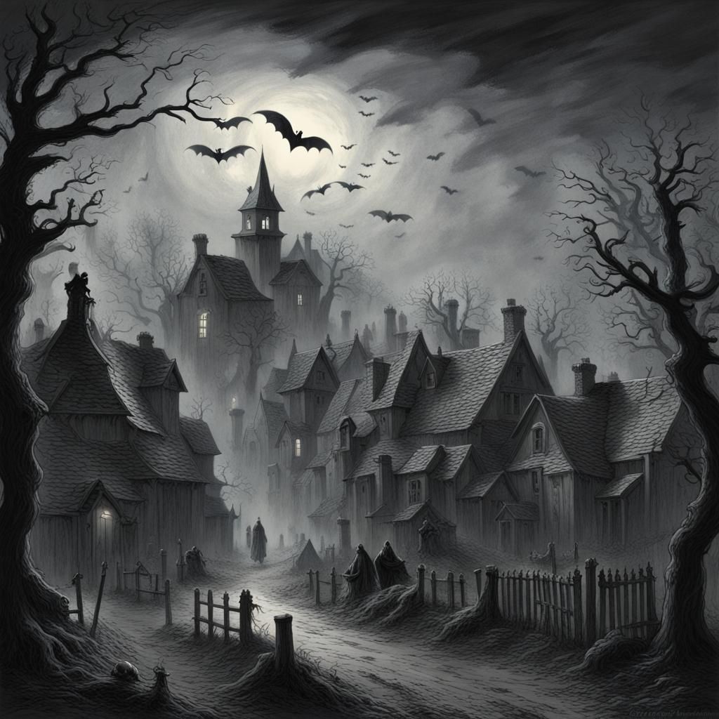 detailed Haunted Countryside Village, ghosts, bats, mist,  horror Gustave Doré Greg Rutkowski