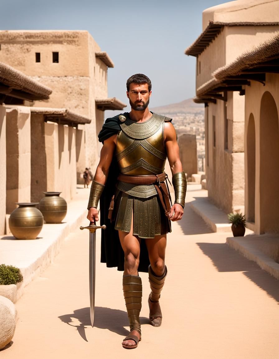 Bronze Age Warrior in Greek Cityscape