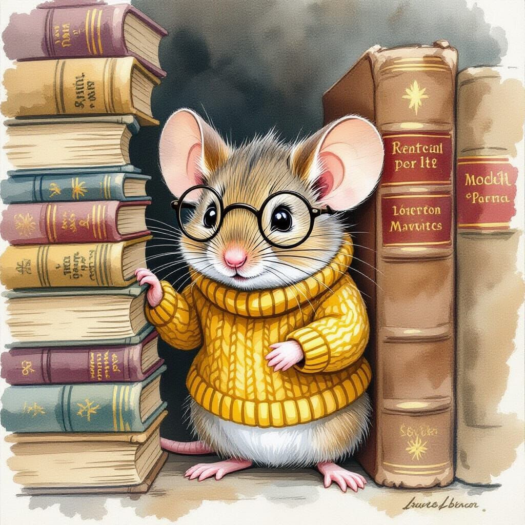 Mouse in Glasses, Watercolor Illustration