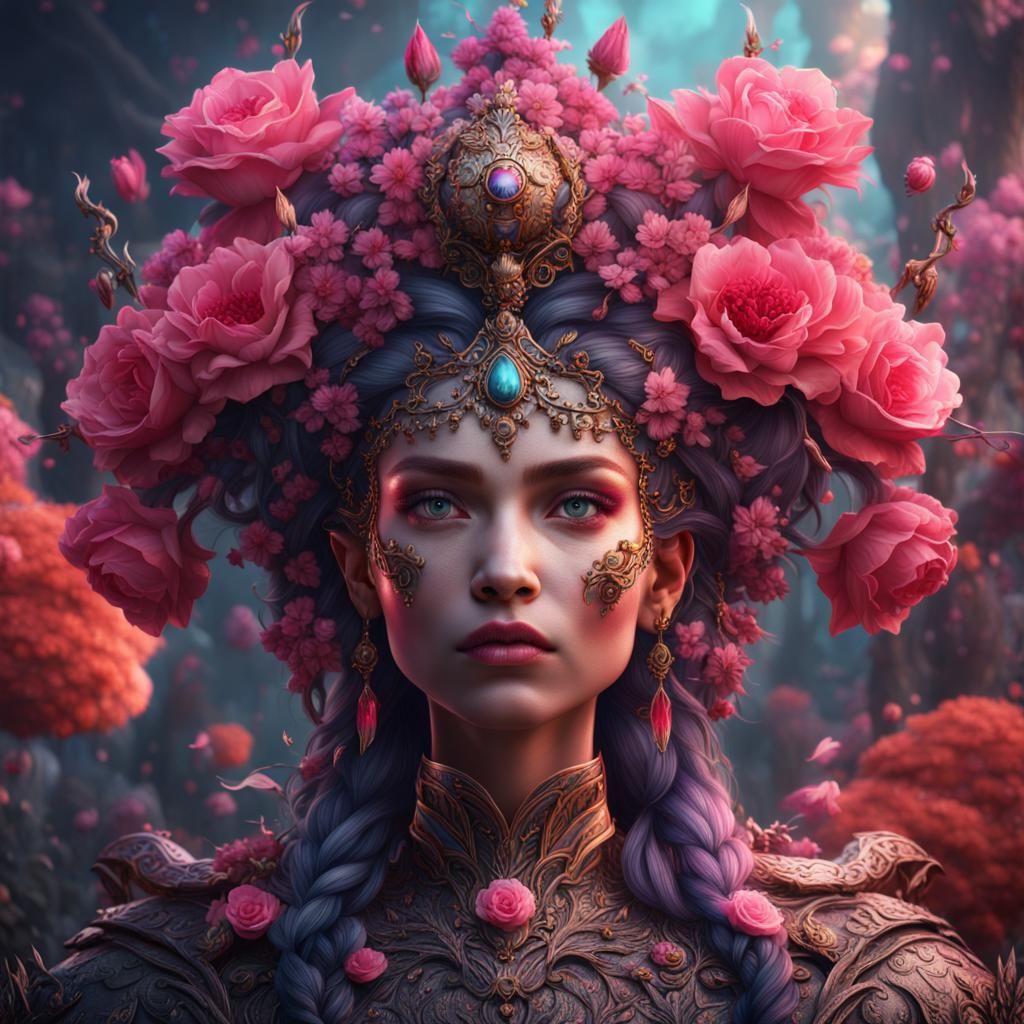 Floral Queen with Pink Eyes: Detailed Matte Painting