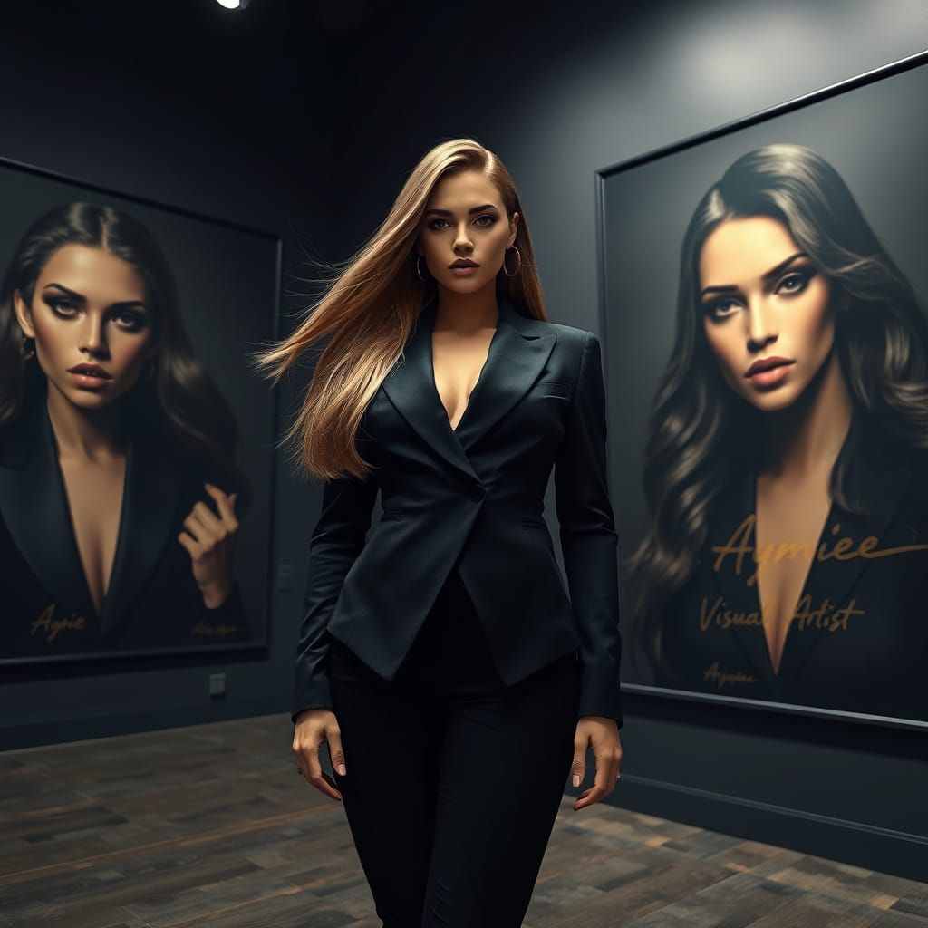 Elegant Woman in Art Gallery of Hyperrealistic Portraits