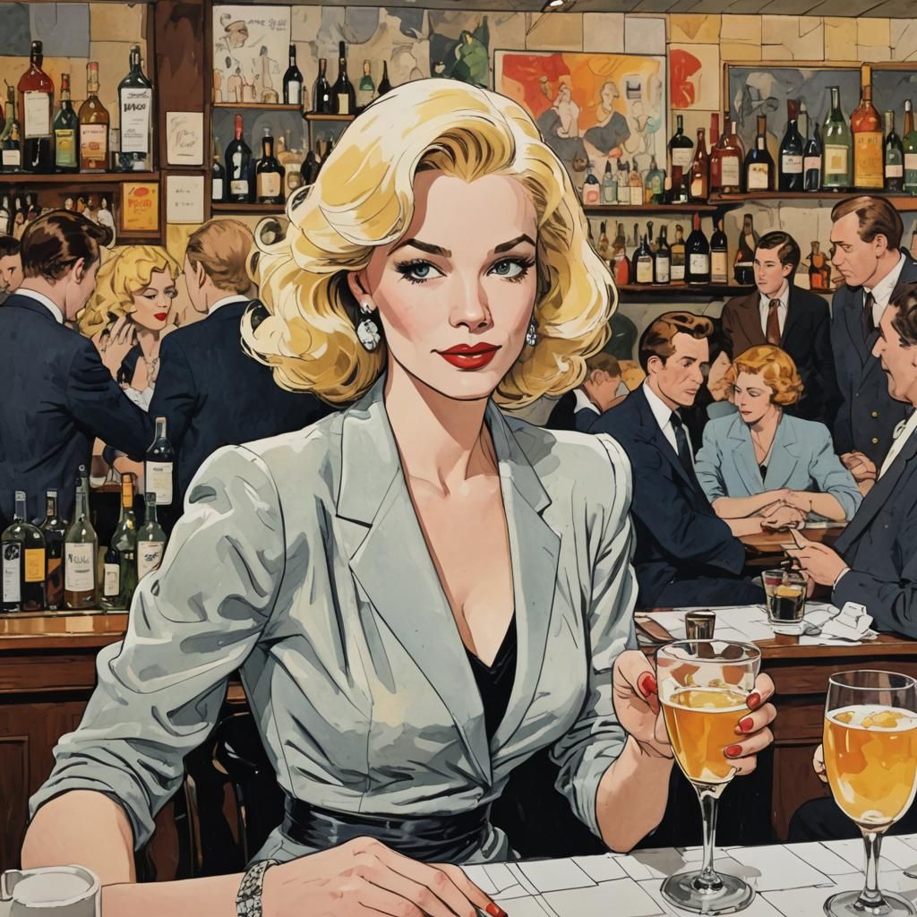 Blonde Femme Fatale in Jazz Bar, ligne claire Comic