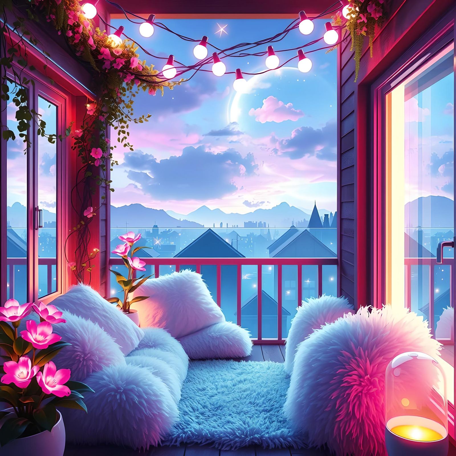 Fluorescent Balcony Scene in Dreamy Pastel Colors