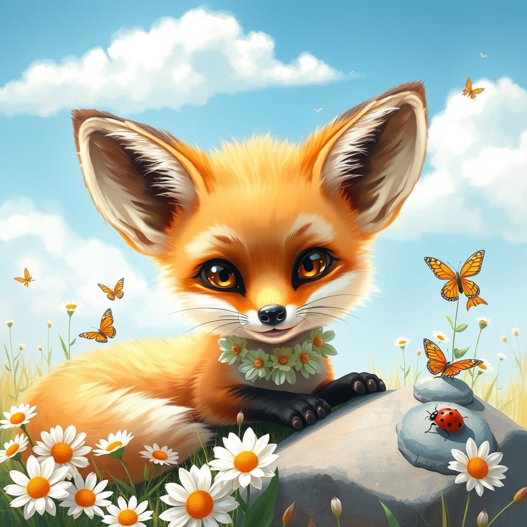 Baby Fox in Daisy Meadow: Illustrative Digital Art