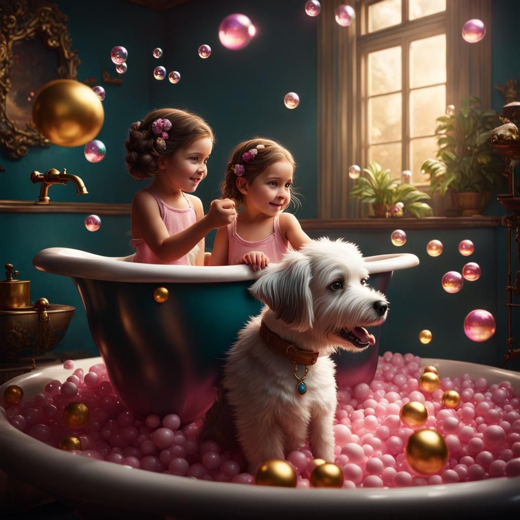 Girls Bathing Dog in Bubbles: Fantasy Concept Art