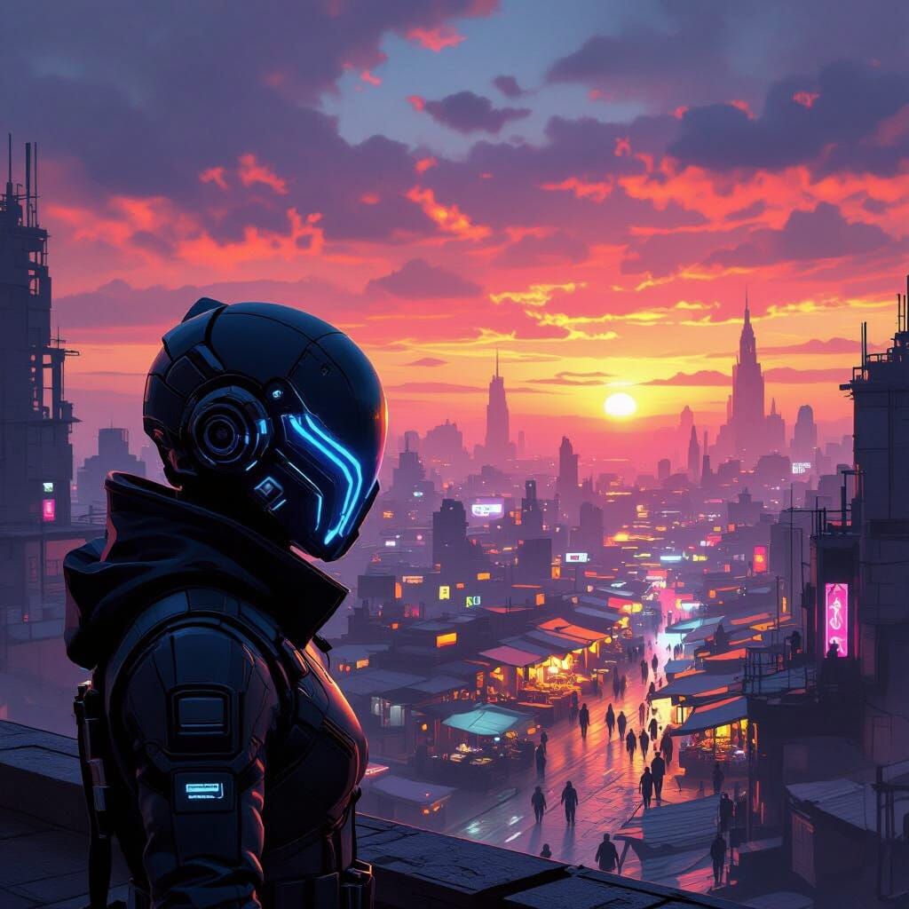 Cyberpunk Assassin Overlooking Post-Apocalyptic City at Suns...