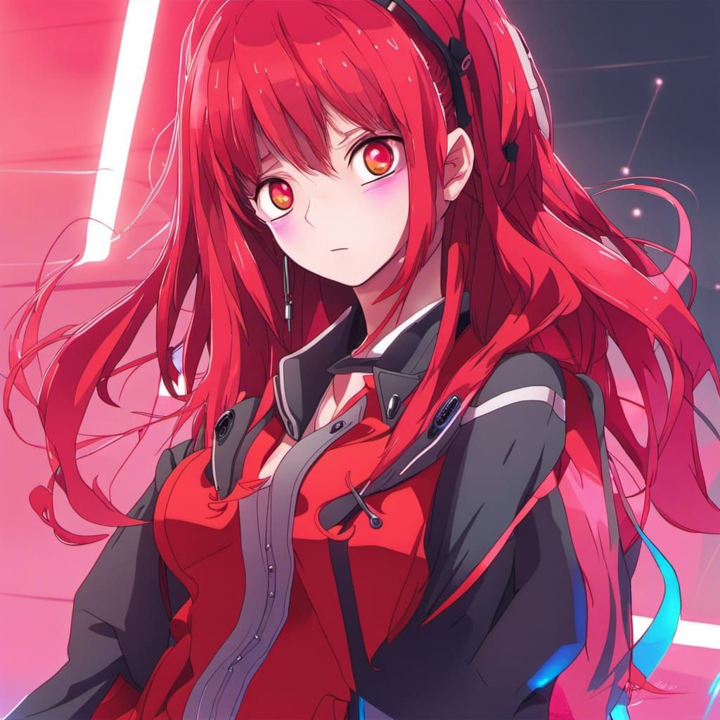 Anime Girl with Red Hair and Neon Outfit