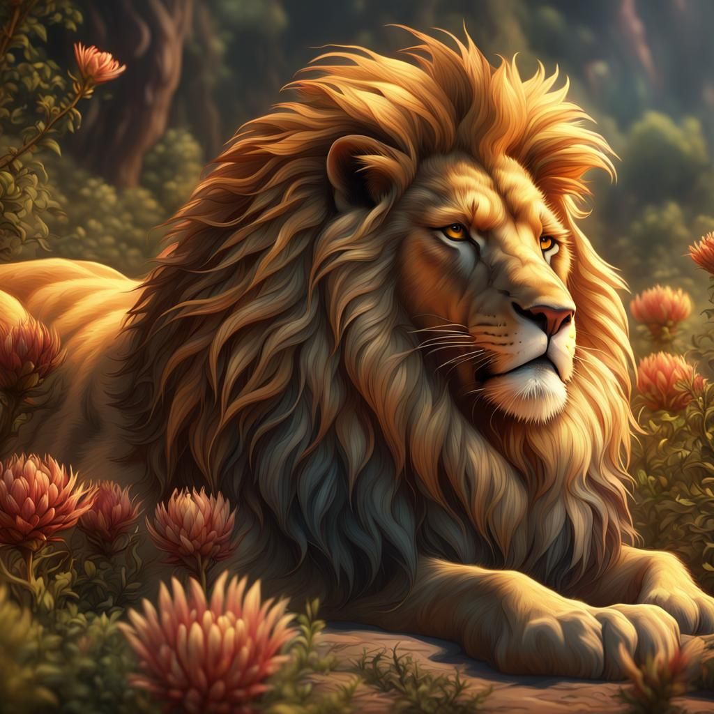 Majestic Lion with Protea Flowers and Butterflies