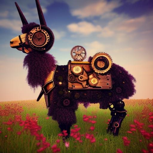 Steampunk Llama in Rose Field Under Autumn Sunlight