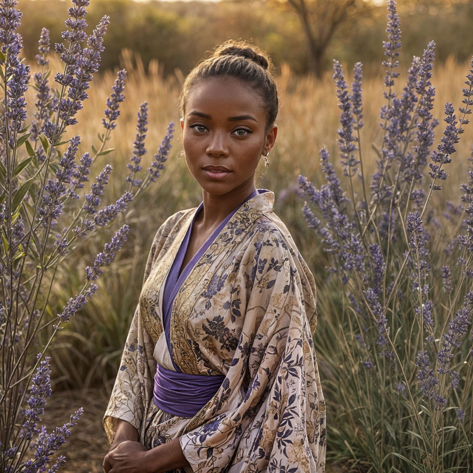 Beautiful Blue-Eyed Girl in Kimono, African Setting
