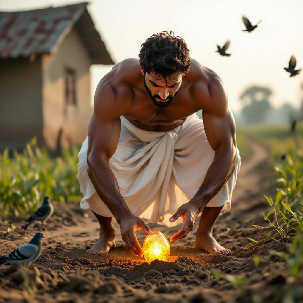 Farmer Discovers Glowing Golden Egg in Photorealistic Scene