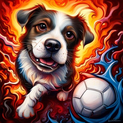 Dog Pushing Soccer Ball in Graffiti Art Style