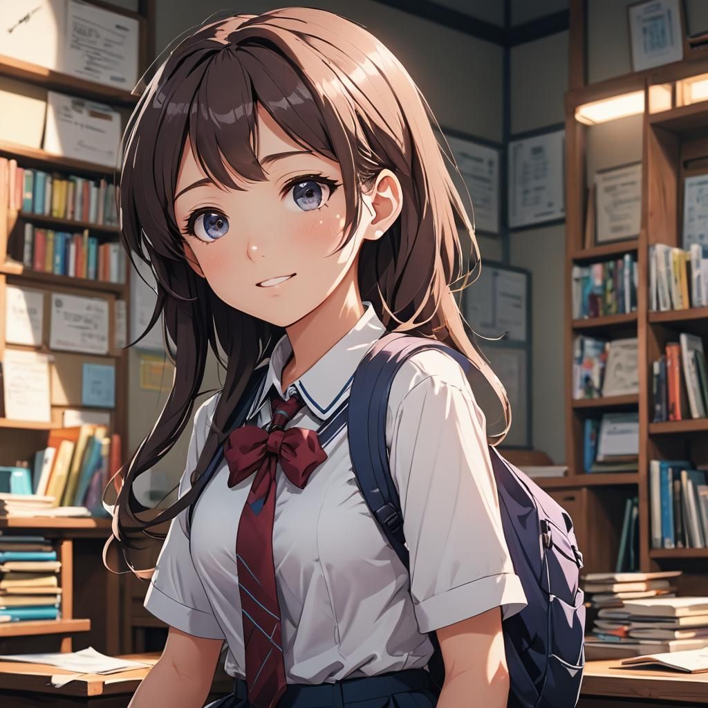 Cute School Girl in Anime Style