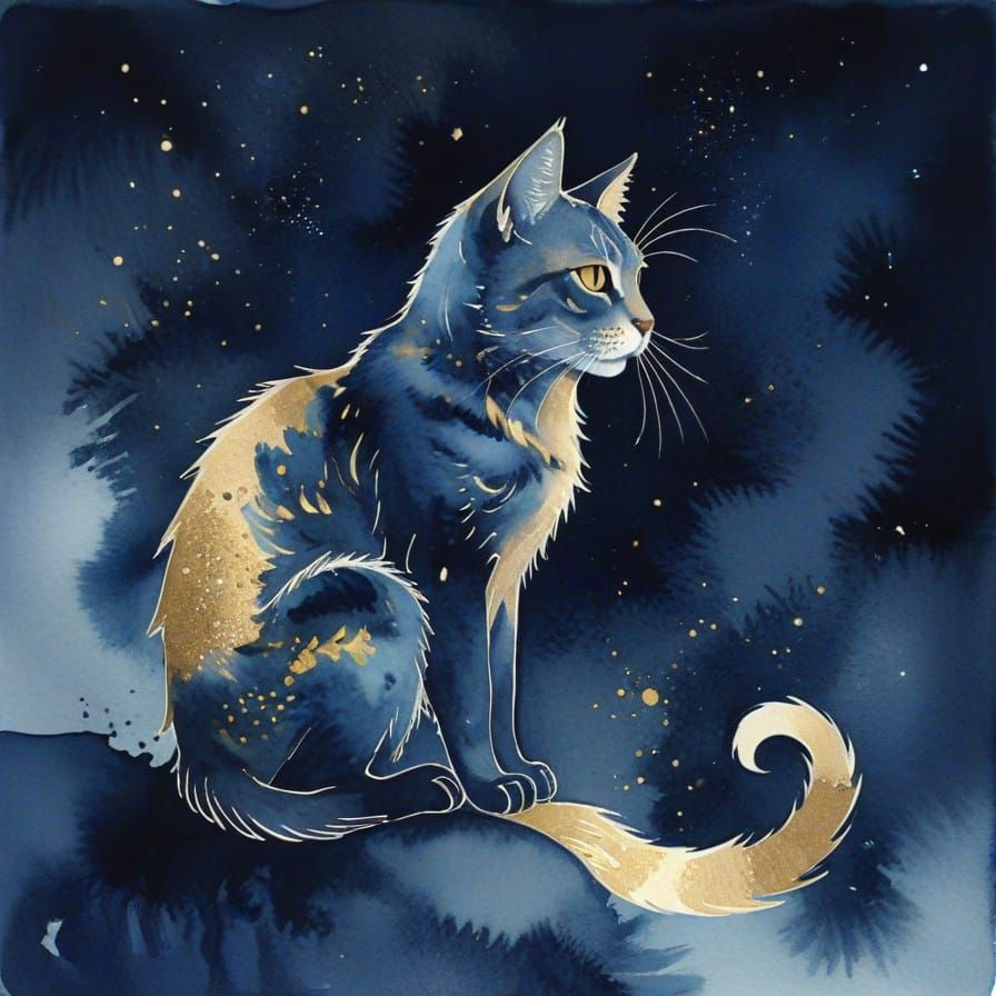 Majestic Spirit Cat Under Starry Night Sky