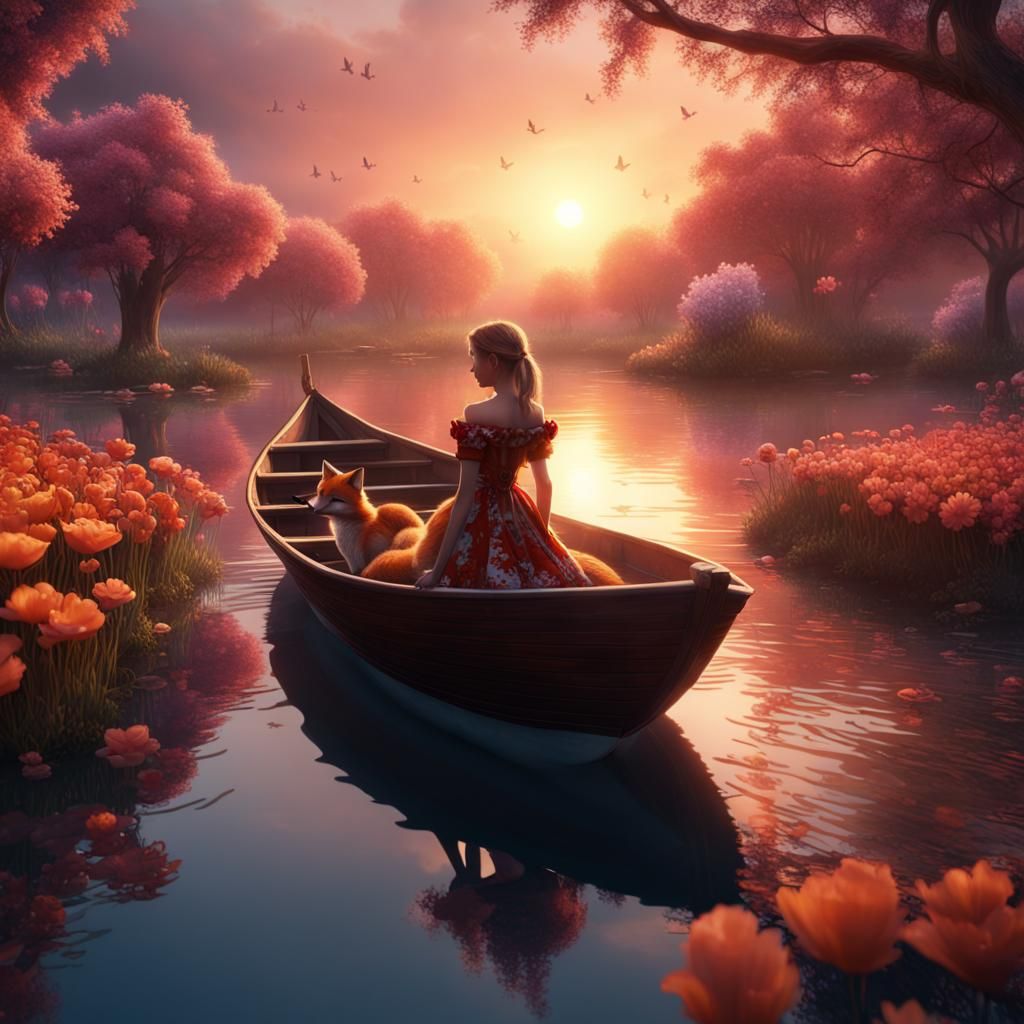 A girl in flower dress in a boat with a little fox at sunset