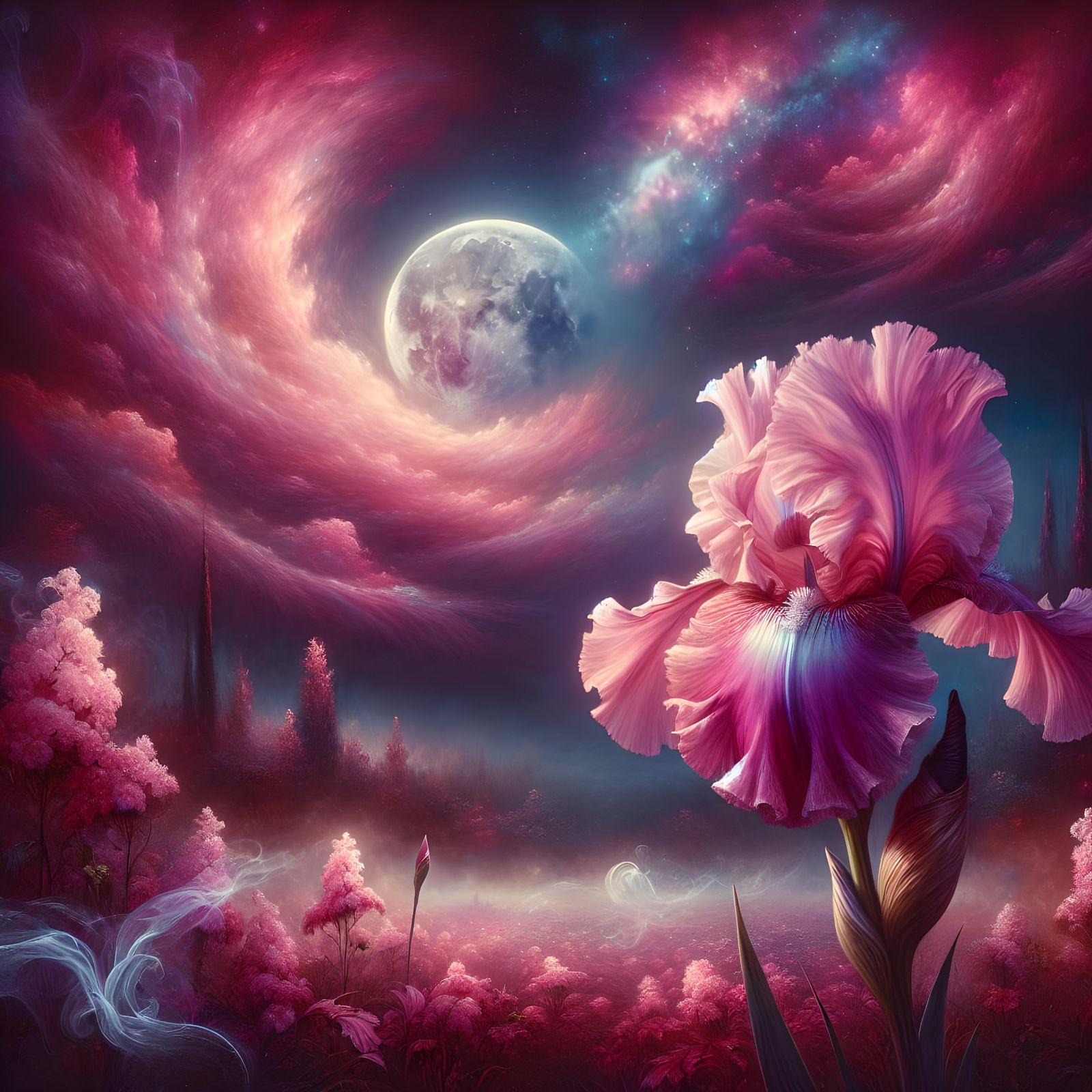 Pink Iris and Moon in Ethereal Landscape
