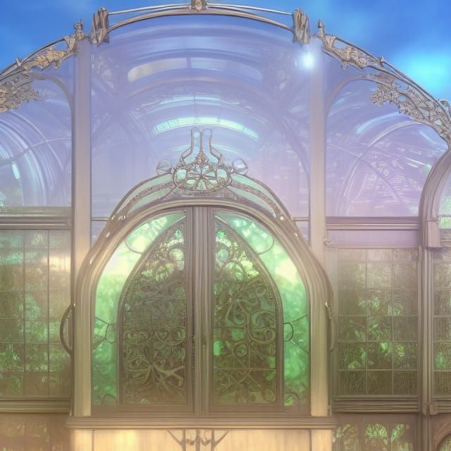 Victorian Glass Greenhouse with Ornate Ironwork in Art Nouve...