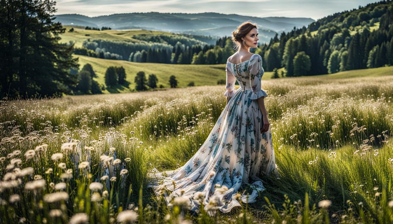 Lady in Dress in a Summer Meadow
