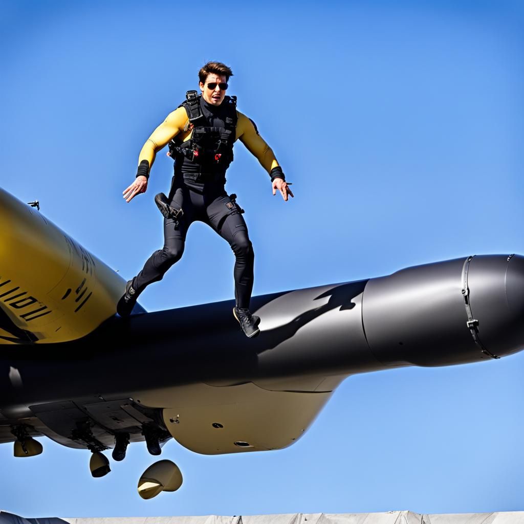 Action shot of a Tom Cruise Mission Impossible stunt where he is jumping off a AUV in mid flight.