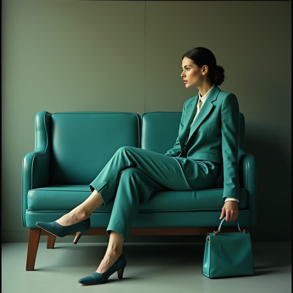 Elegant Woman in Teal Business Suit, Cinematic Aesthetic