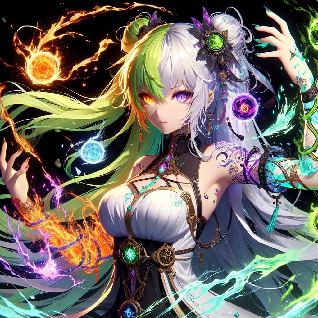 Anime Elementalist Conjuring Elements as Matte Painting