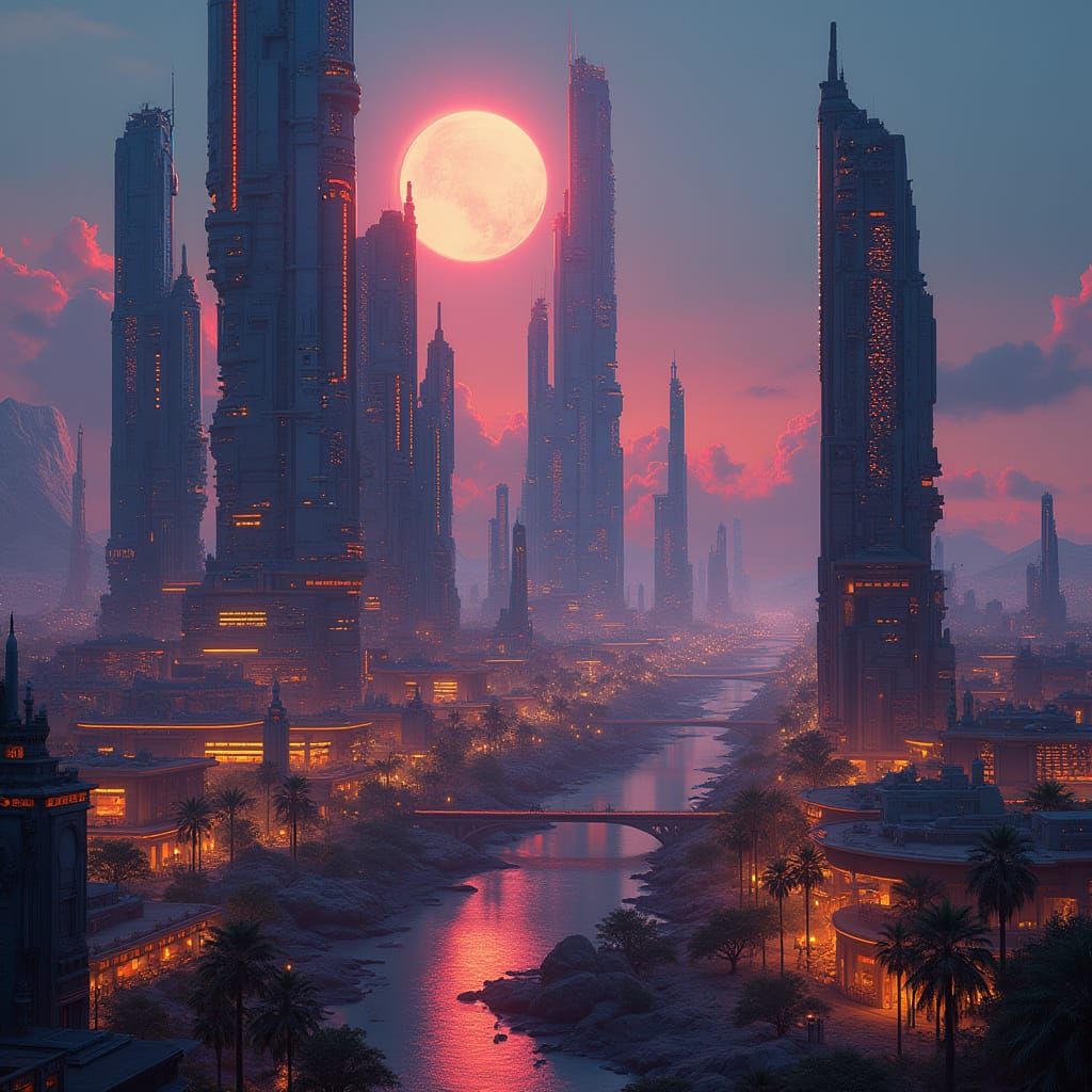 Futuristic Sumerian Cityscape in Cyberpunk Style