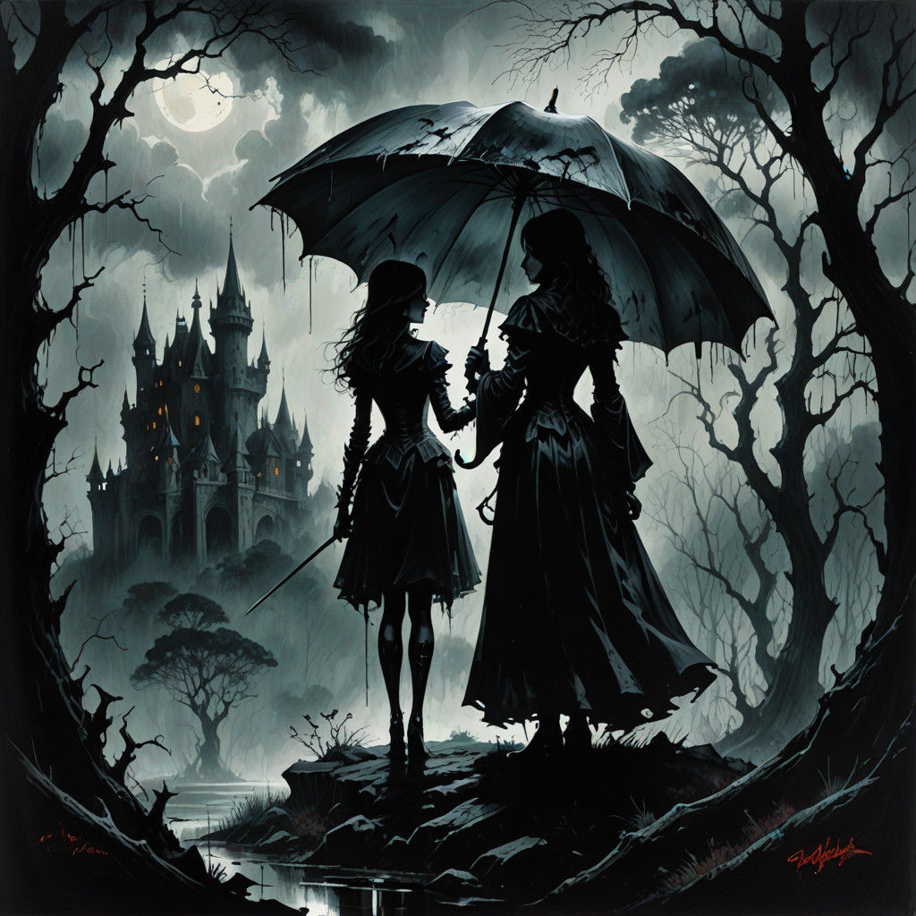 Ethereal Vampire Goddess Holding Umbrella in Dark Stormy For...