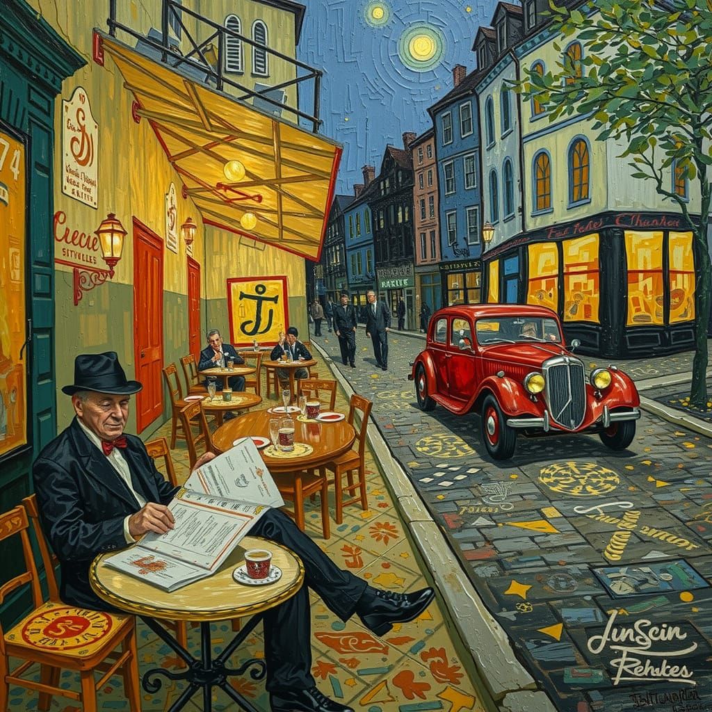 Vintage Red Car on Desert Road, Retro-Futuristic Style