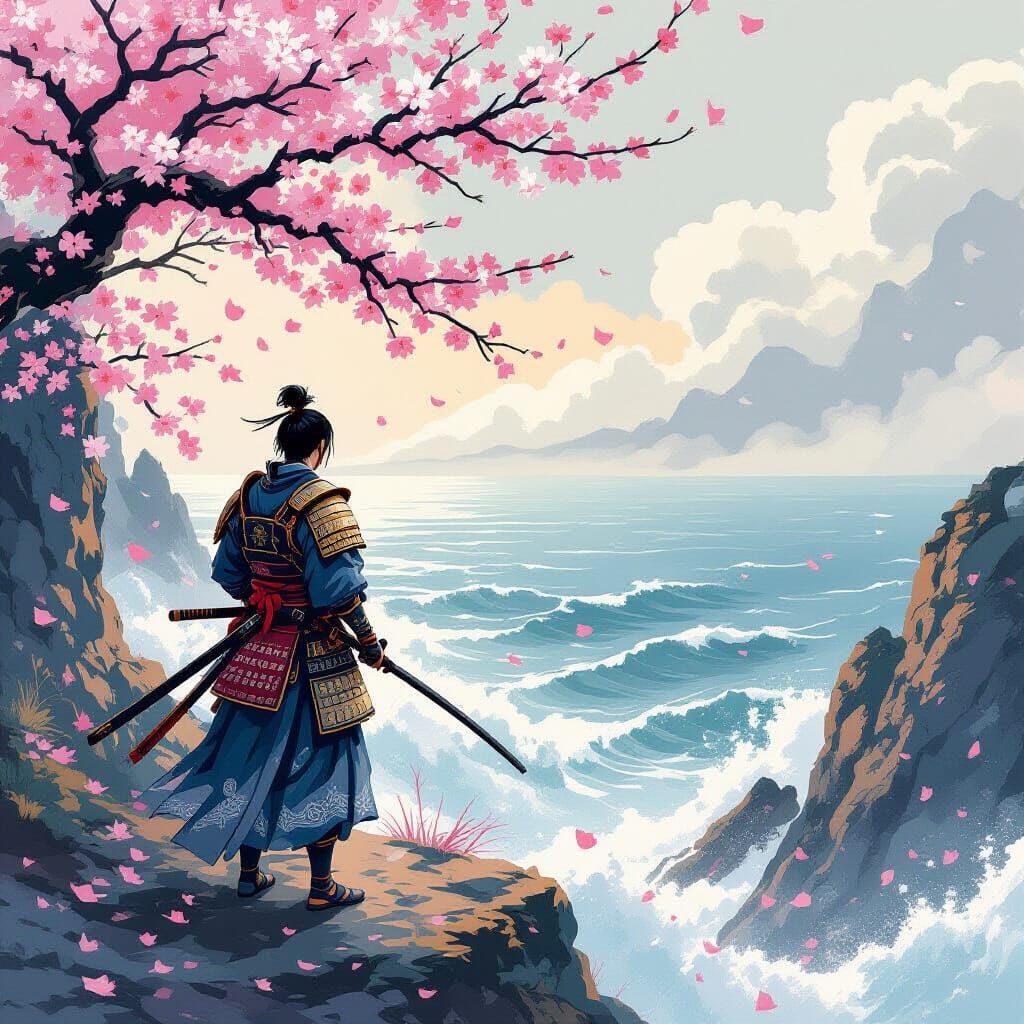 Samurai on Windswept Cliff in Ukiyo-e Style