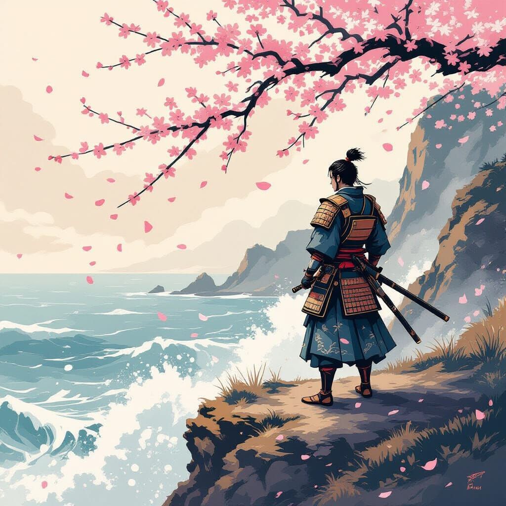Samurai on Windswept Cliff in Ukiyo-e Style