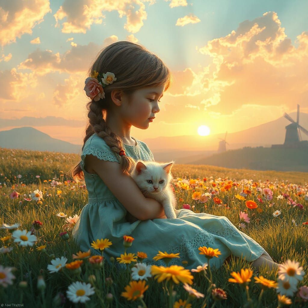 A Young Girl and Kitten in a Whimsical Landscape