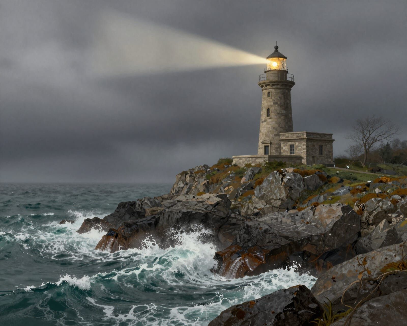 Stormy Lighthouse Beam Cuts Through Foggy Bay