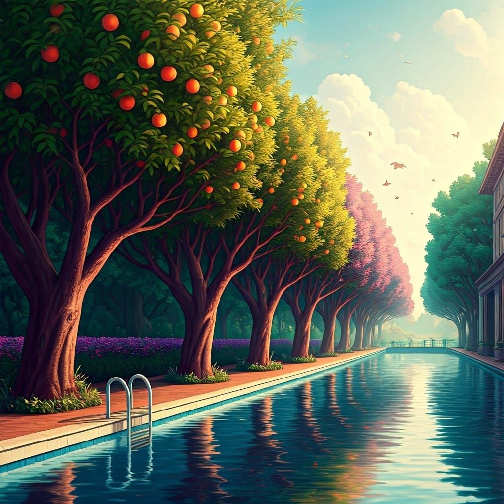 Watercolor Peach Trees Beside a Pool: Fantasy Concept Art