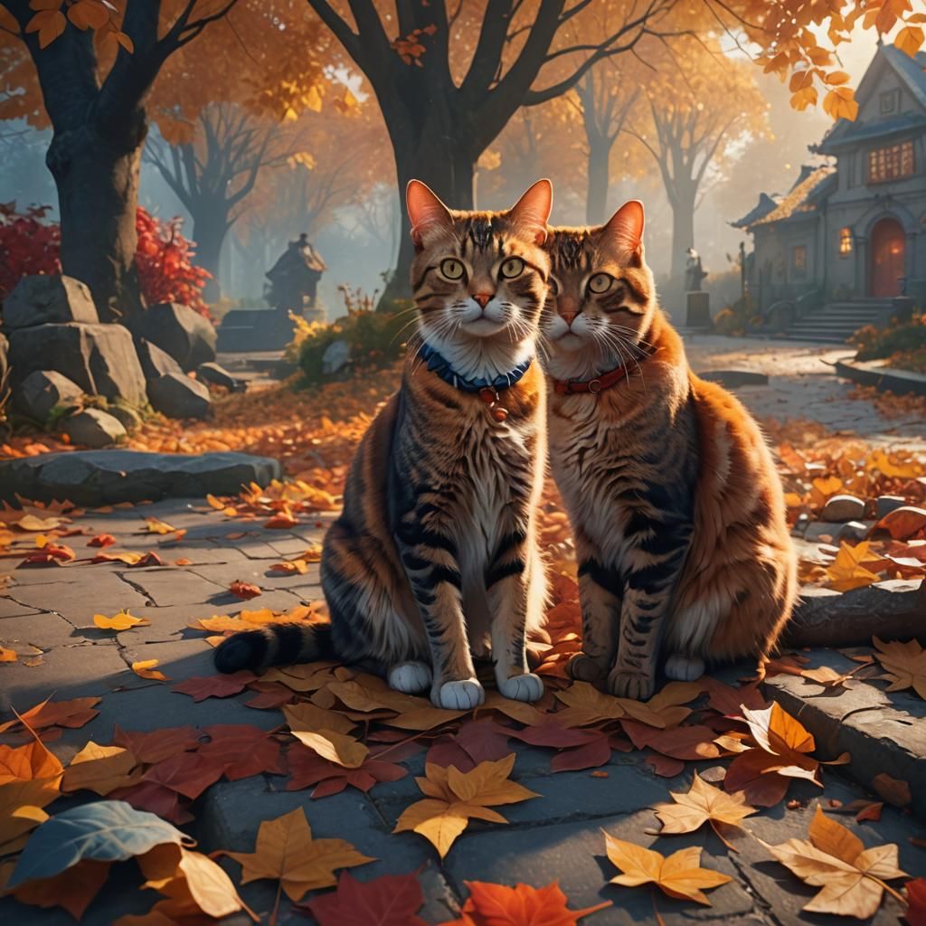 Autumnal Cats in a Fantasy Landscape: Digital Painting