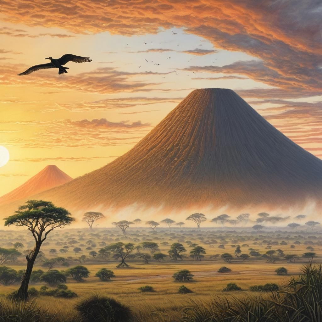 Savannah Mountain with Prehistoric Birds in Color Pencil