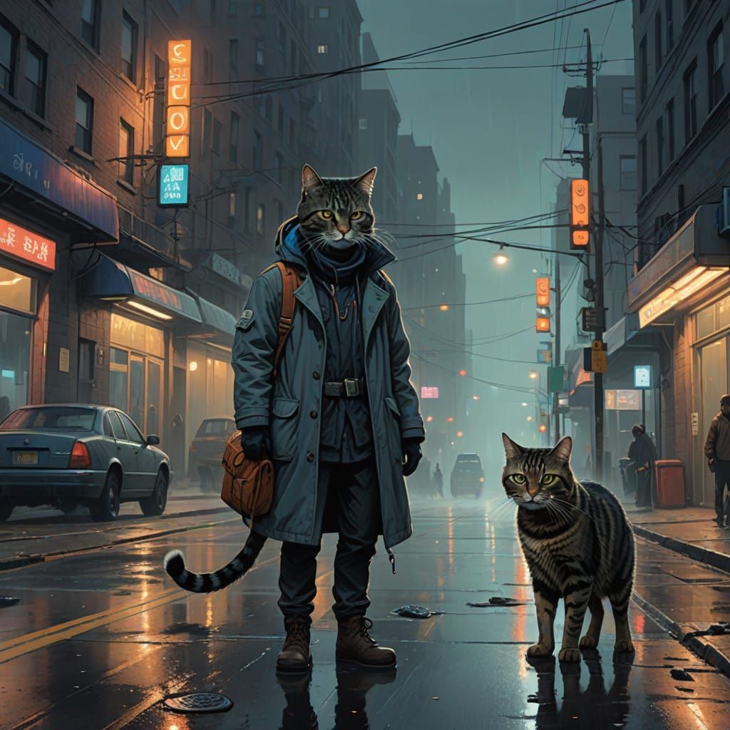 Mysterious Cat Meets Traveler on a Foggy, Neon Street