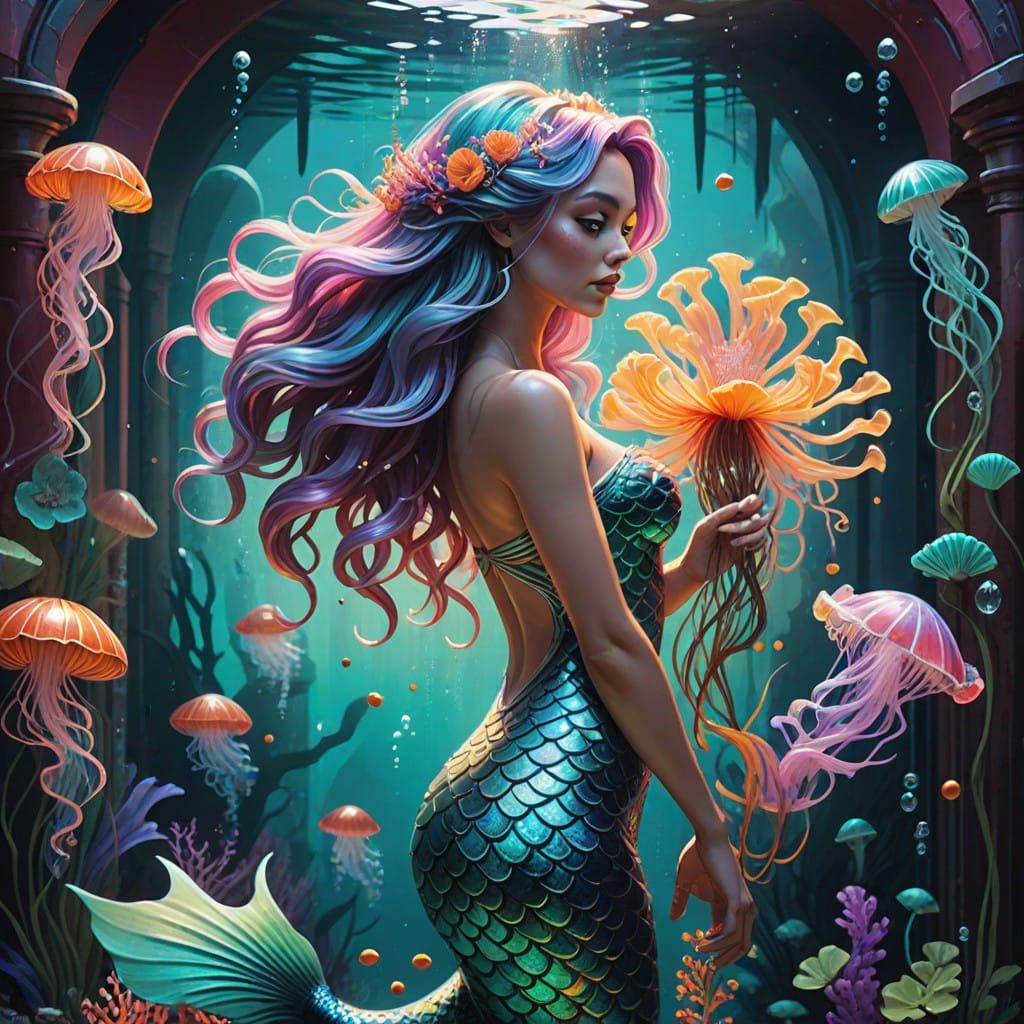Cyberpunk Goddess Shines in Whimsical Underwater Realm