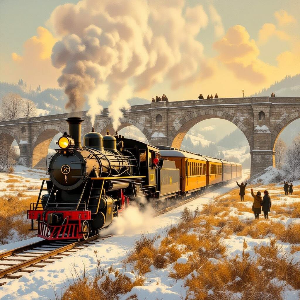 Surrealist Oil Painting of a Locomotive on a Snowy Bridge