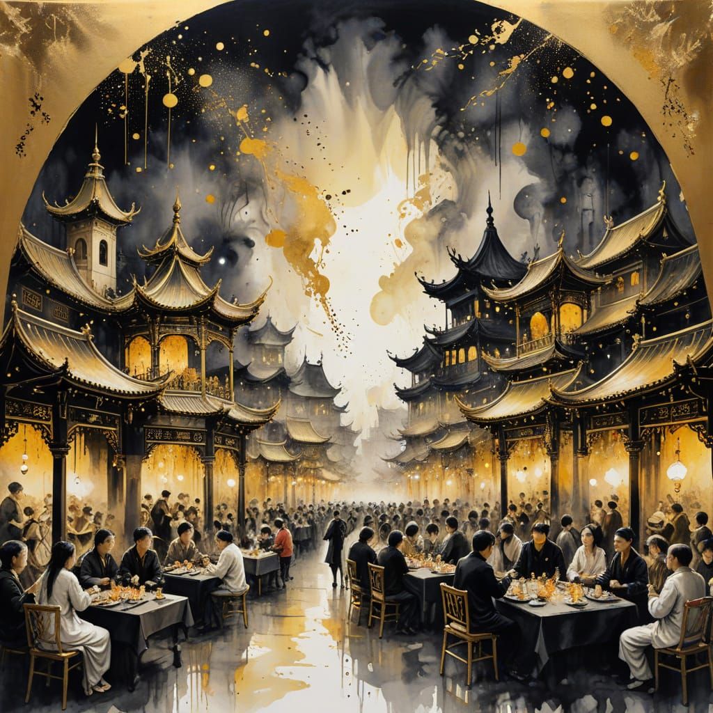 Fantastic Chinese Ink Painting of a Baroque Concert